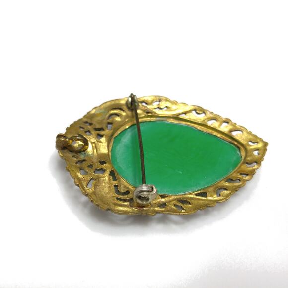 Vintage Chinese Faux Jade Brooch Pendant, Hidden Dragons Pagoda Phoenix, 1940s - Picture 5 of 10